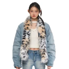 Denim Leopard-Print Fur Collar Jacket