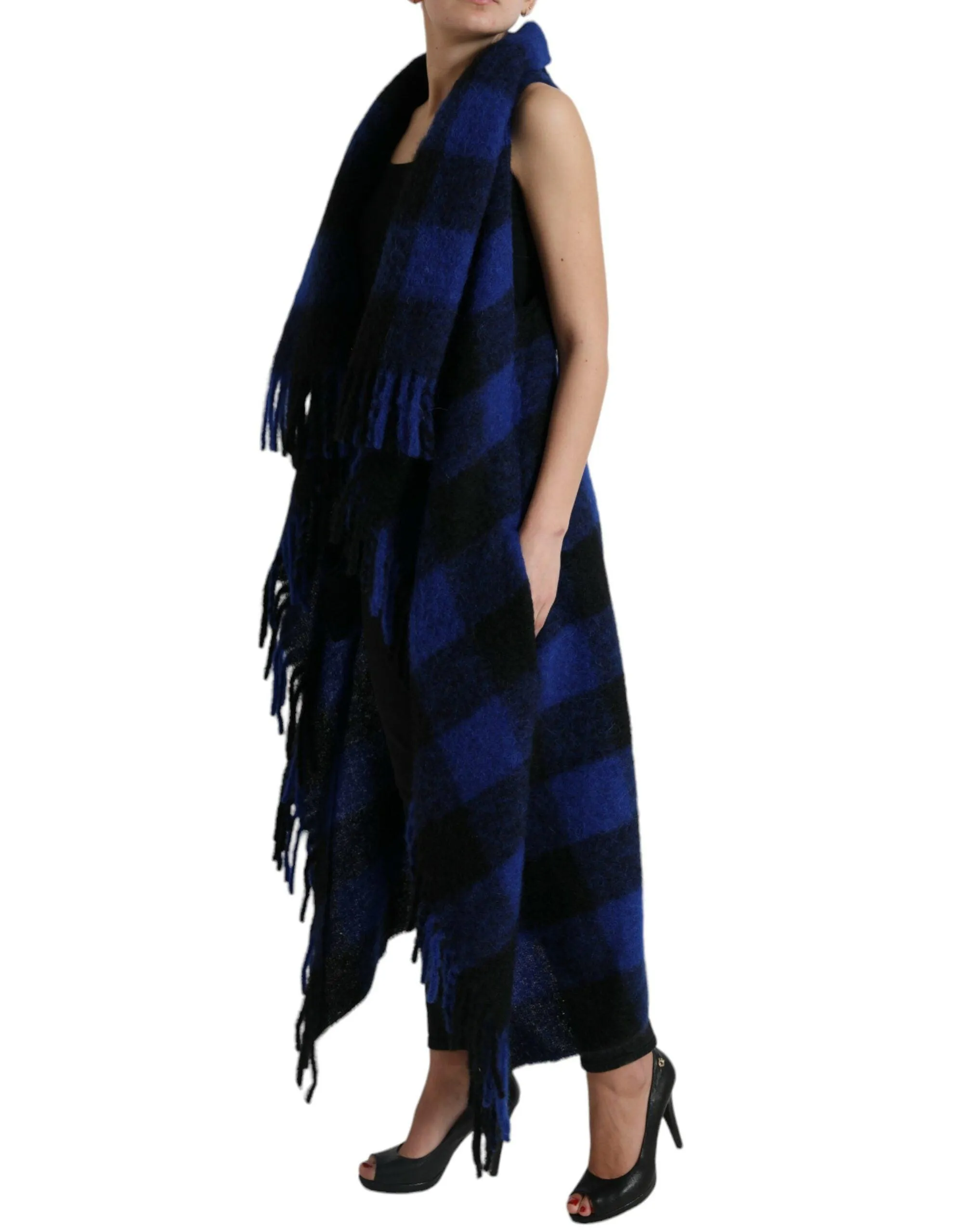 Dolce & Gabbana Black Blue Buffalo Check Poncho Coat Sweater