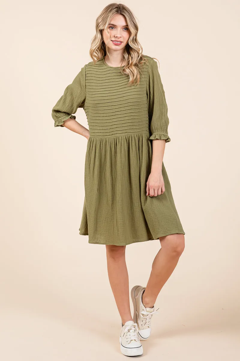 Double Gauze Peasant Sleeve Pintucked Boho Dress