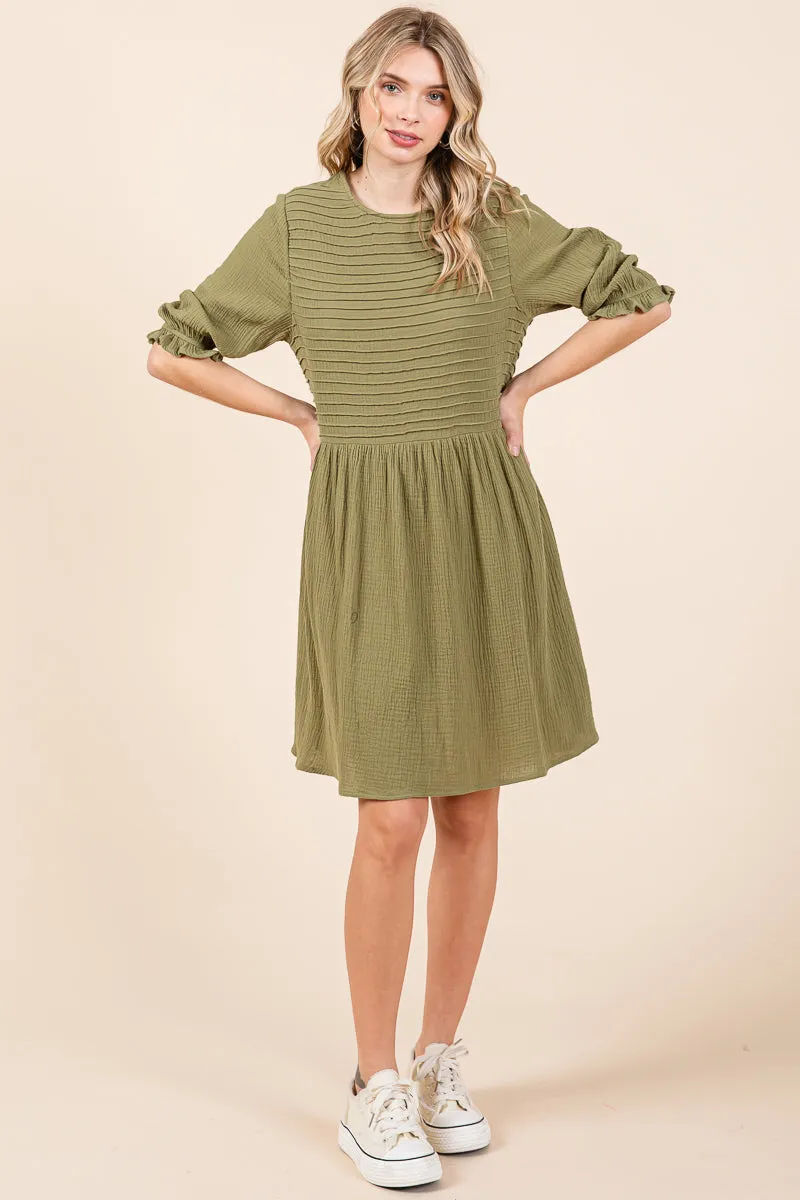 Double Gauze Peasant Sleeve Pintucked Boho Dress