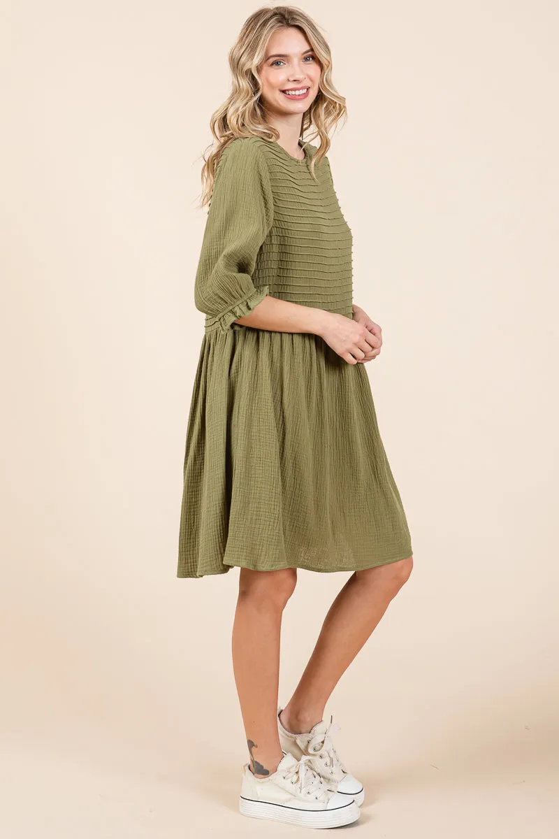 Double Gauze Peasant Sleeve Pintucked Boho Dress