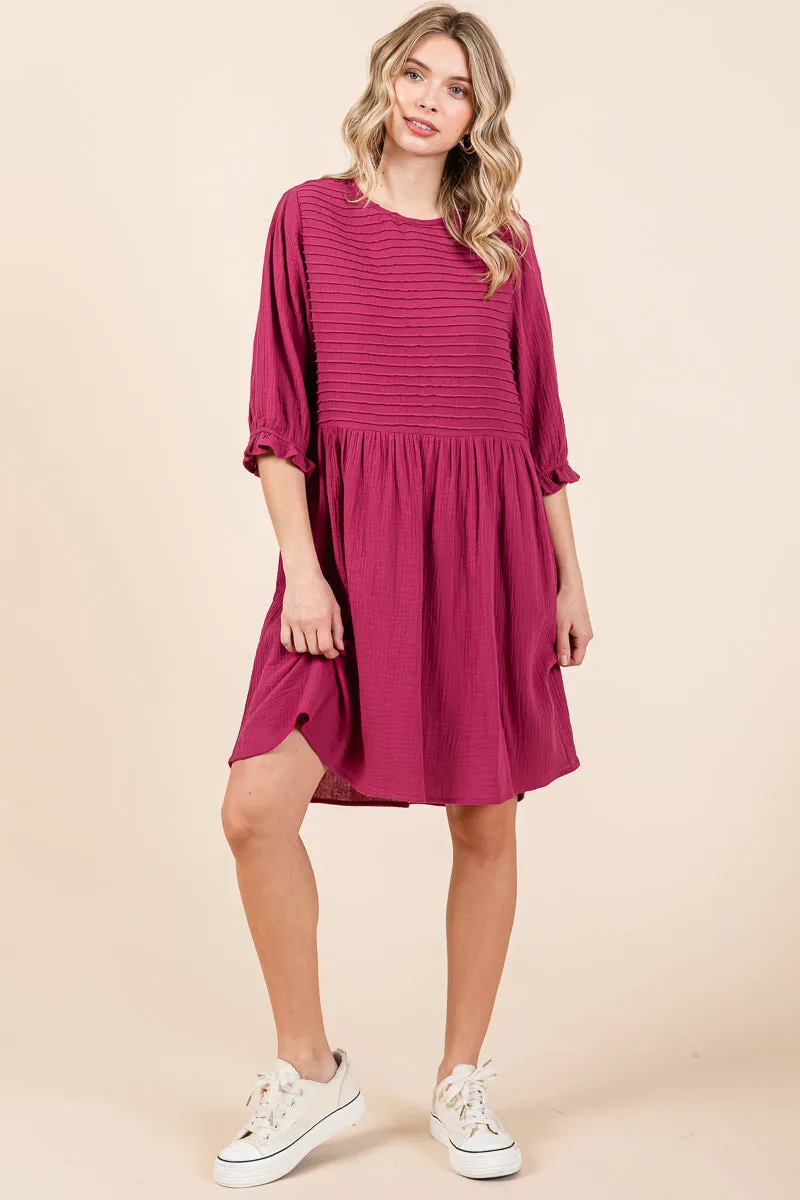 Double Gauze Peasant Sleeve Pintucked Boho Dress