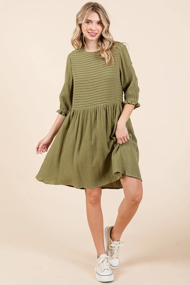 Double Gauze Peasant Sleeve Pintucked Boho Dress