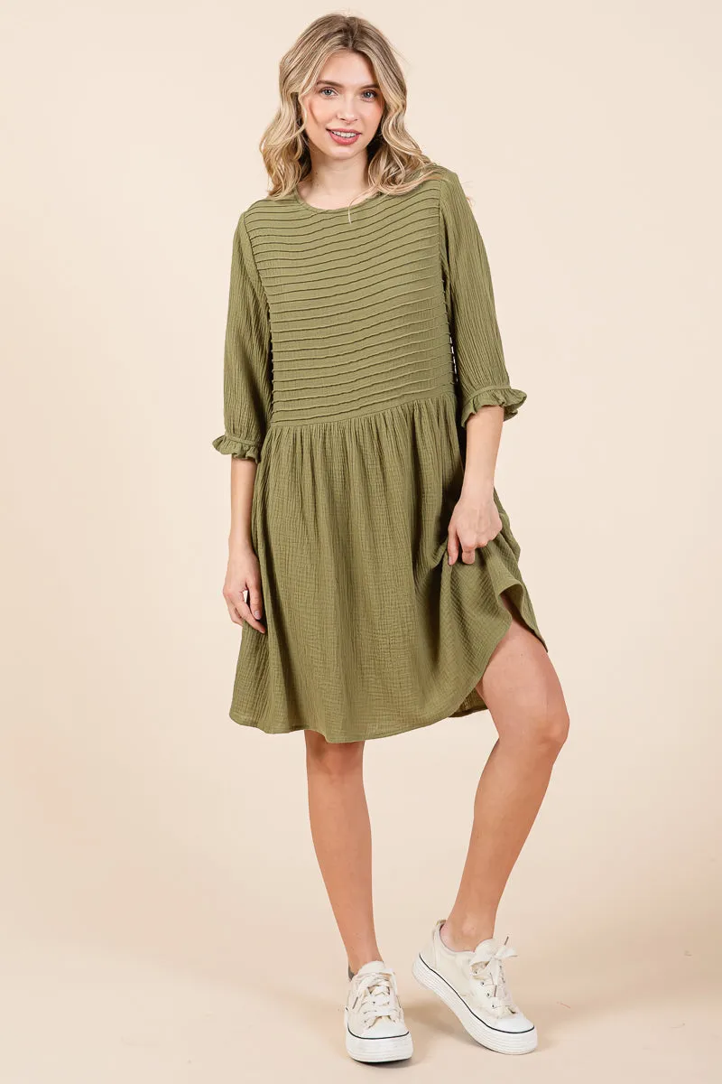 Double Gauze Peasant Sleeve Pintucked Boho Dress