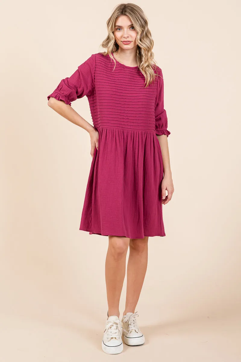 Double Gauze Peasant Sleeve Pintucked Boho Dress