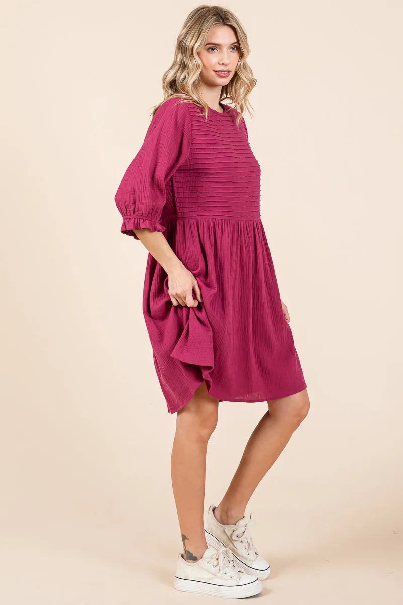 Double Gauze Peasant Sleeve Pintucked Boho Dress