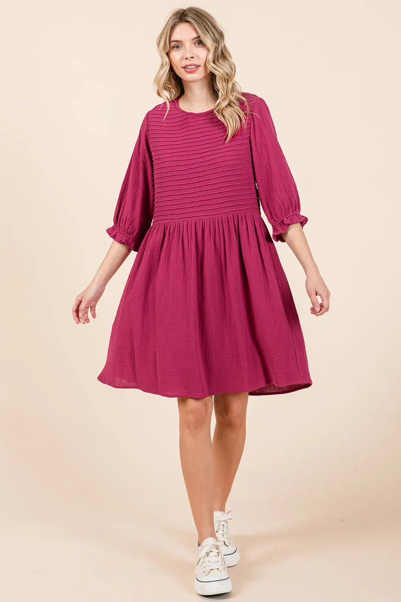 Double Gauze Peasant Sleeve Pintucked Boho Dress