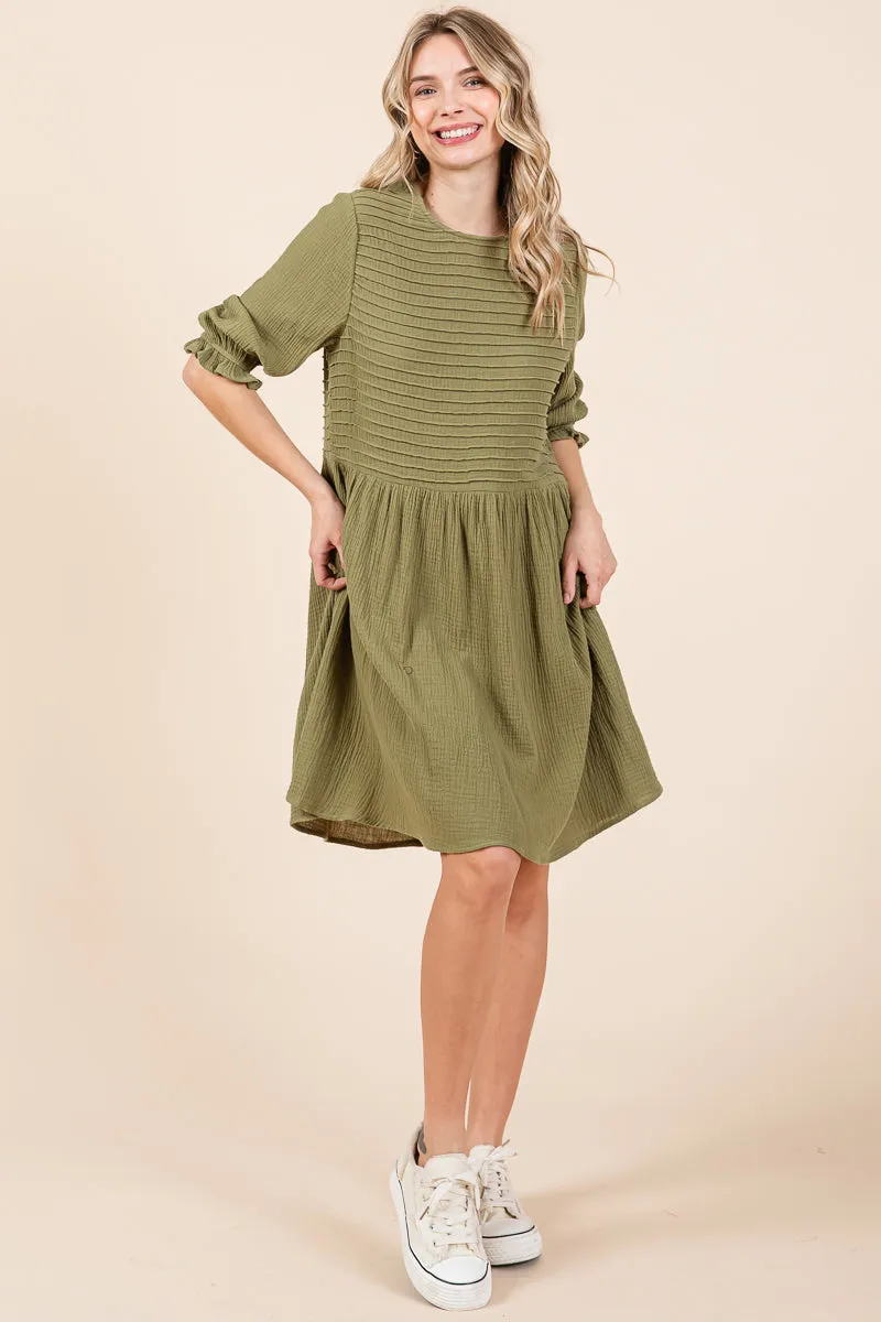 Double Gauze Peasant Sleeve Pintucked Boho Dress