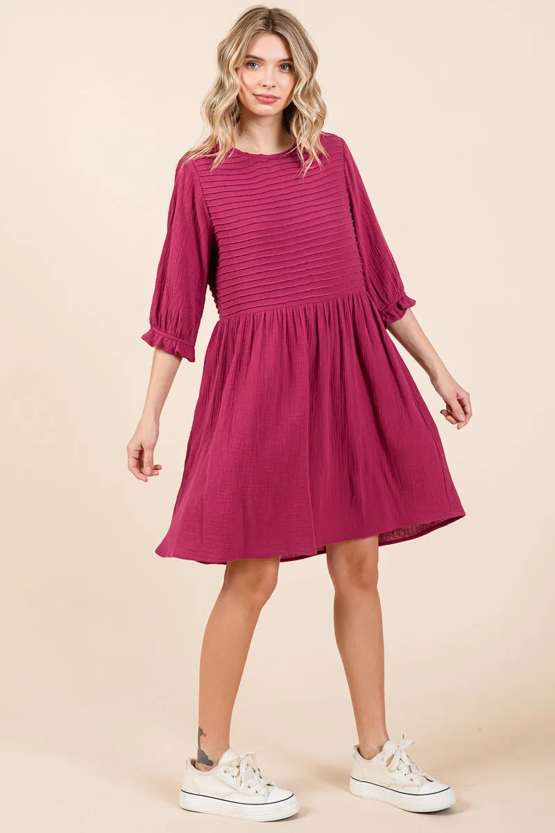 Double Gauze Peasant Sleeve Pintucked Boho Dress