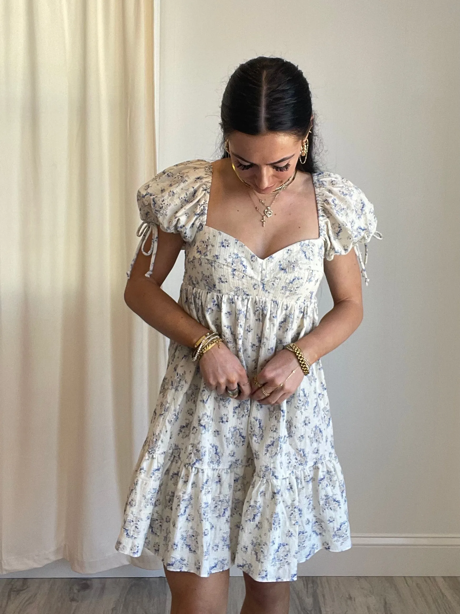 FINAL SALE Bardot Floral Babydoll Dress | Taupe Blue