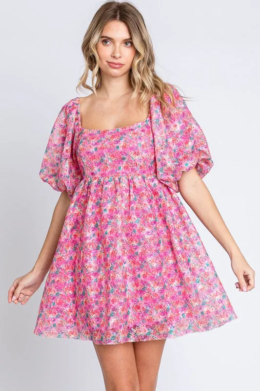 GeeGee Sequin Floral Babydoll Mini Dress