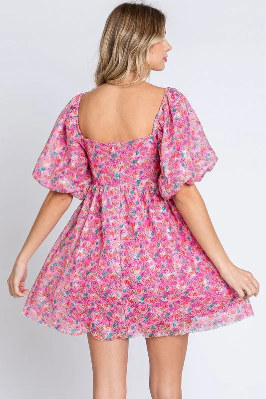 GeeGee Sequin Floral Babydoll Mini Dress