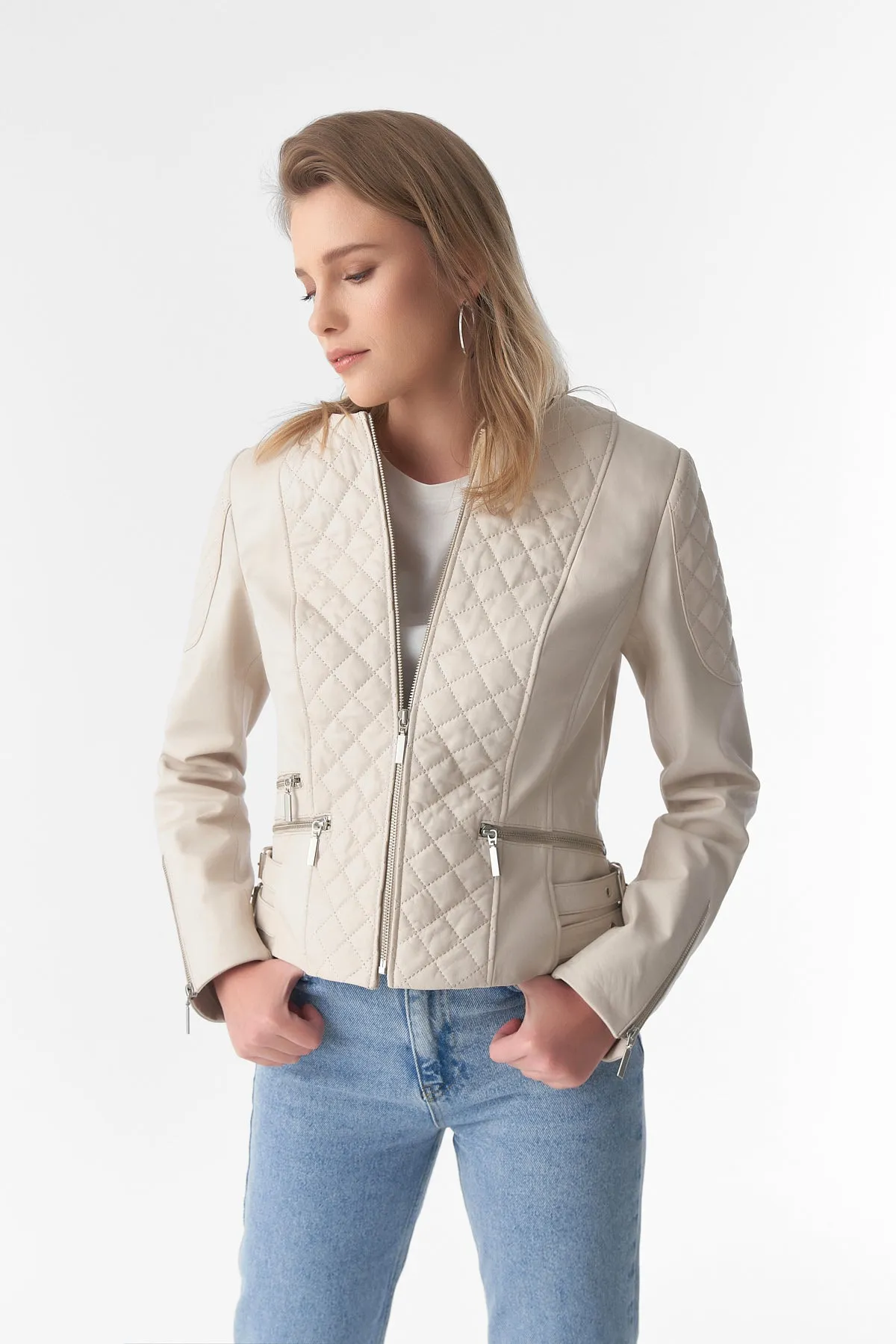 Genuine Leather Quilted Biker Jacket, Beige