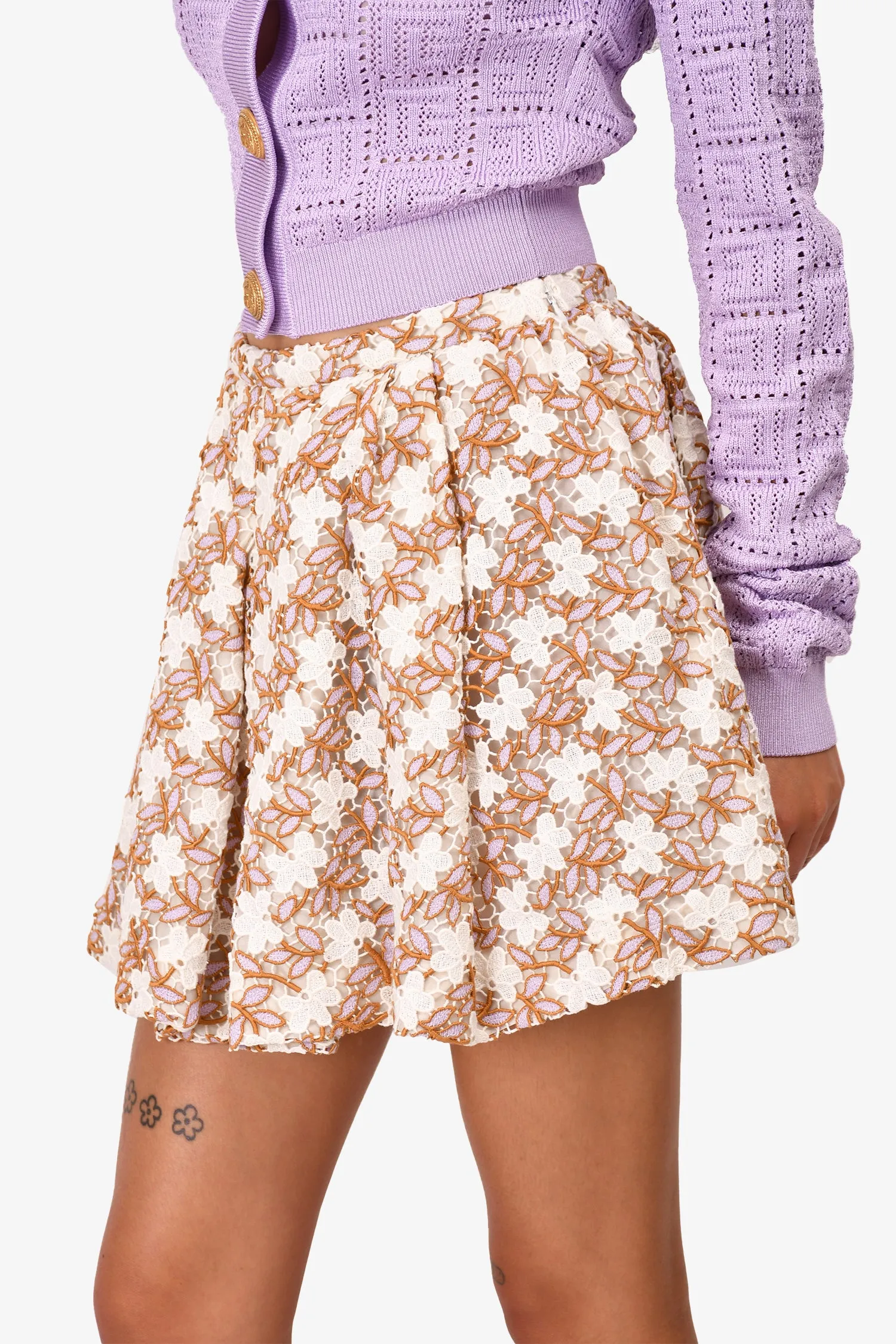 Giambattista Valli White/Purple Floral Lace Mini Skirt XS