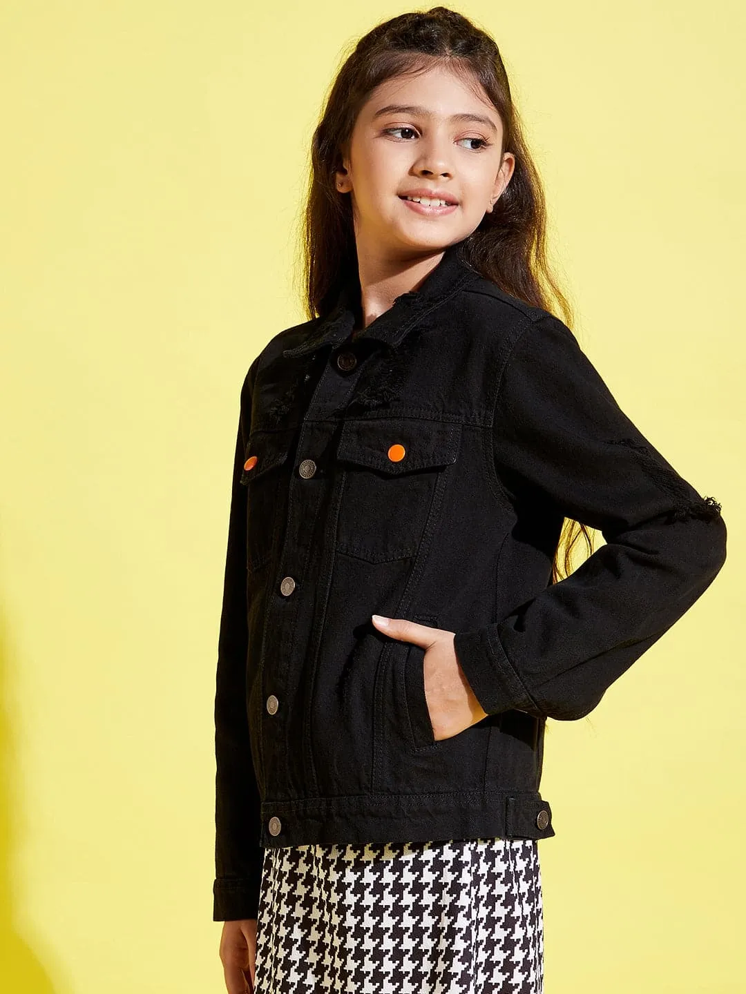 Girls Black Distressed Neon Button Denim Jacket - Lyush Kids