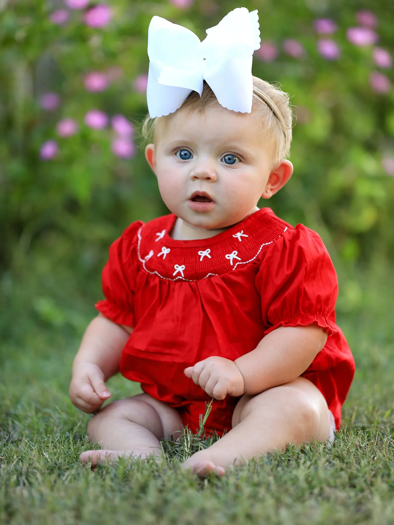 Girls Bow Smocking Embroidered Red Romper