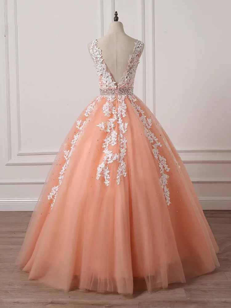 Gorgeous Coral Tulle  High Quality V-neck Lace Appliques Beads Party Dress, Long Formal Dress