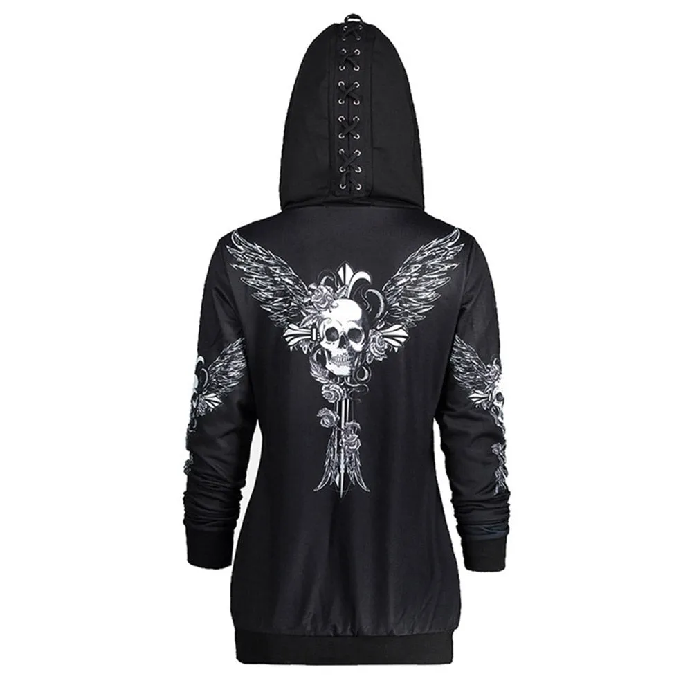 Gothic with Skull Print Hooded Sweatshirt