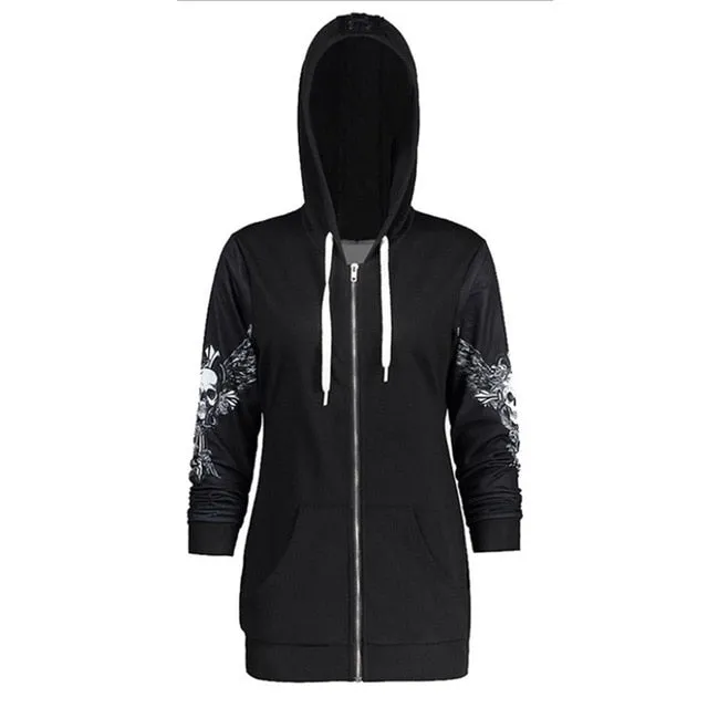 Gothic with Skull Print Hooded Sweatshirt