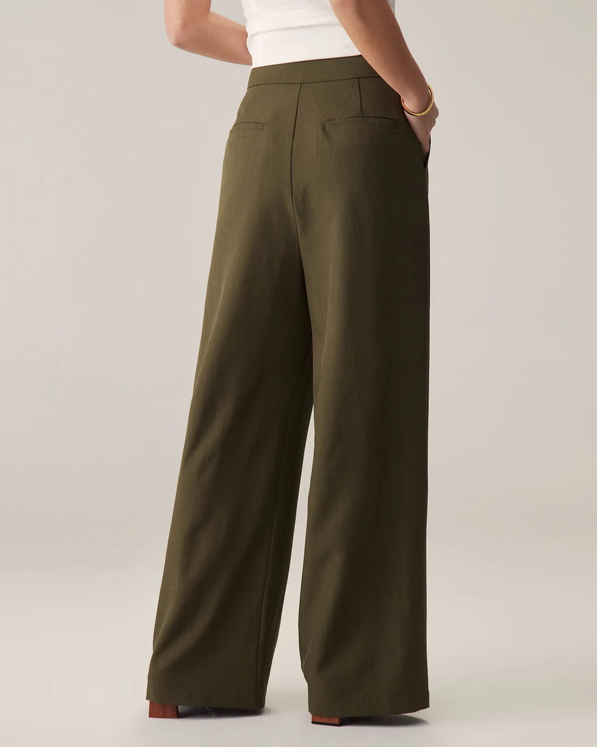 Green High-Waisted Straight Wide-Leg Pants