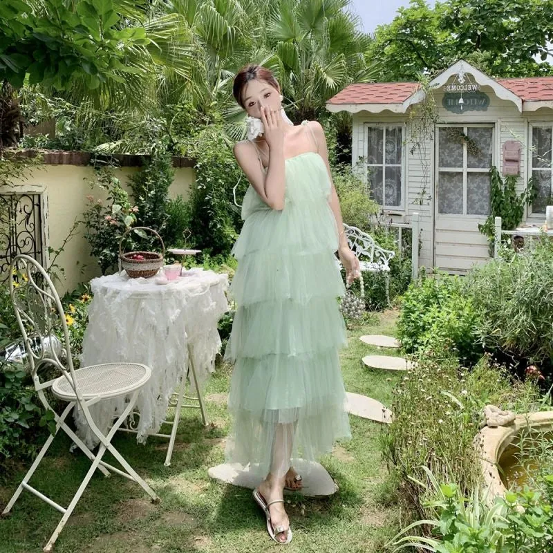 Green tulle dress for women summer new Multi-layer long dress    S5863