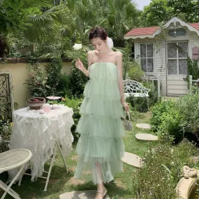 Green tulle dress for women summer new Multi-layer long dress    S5863