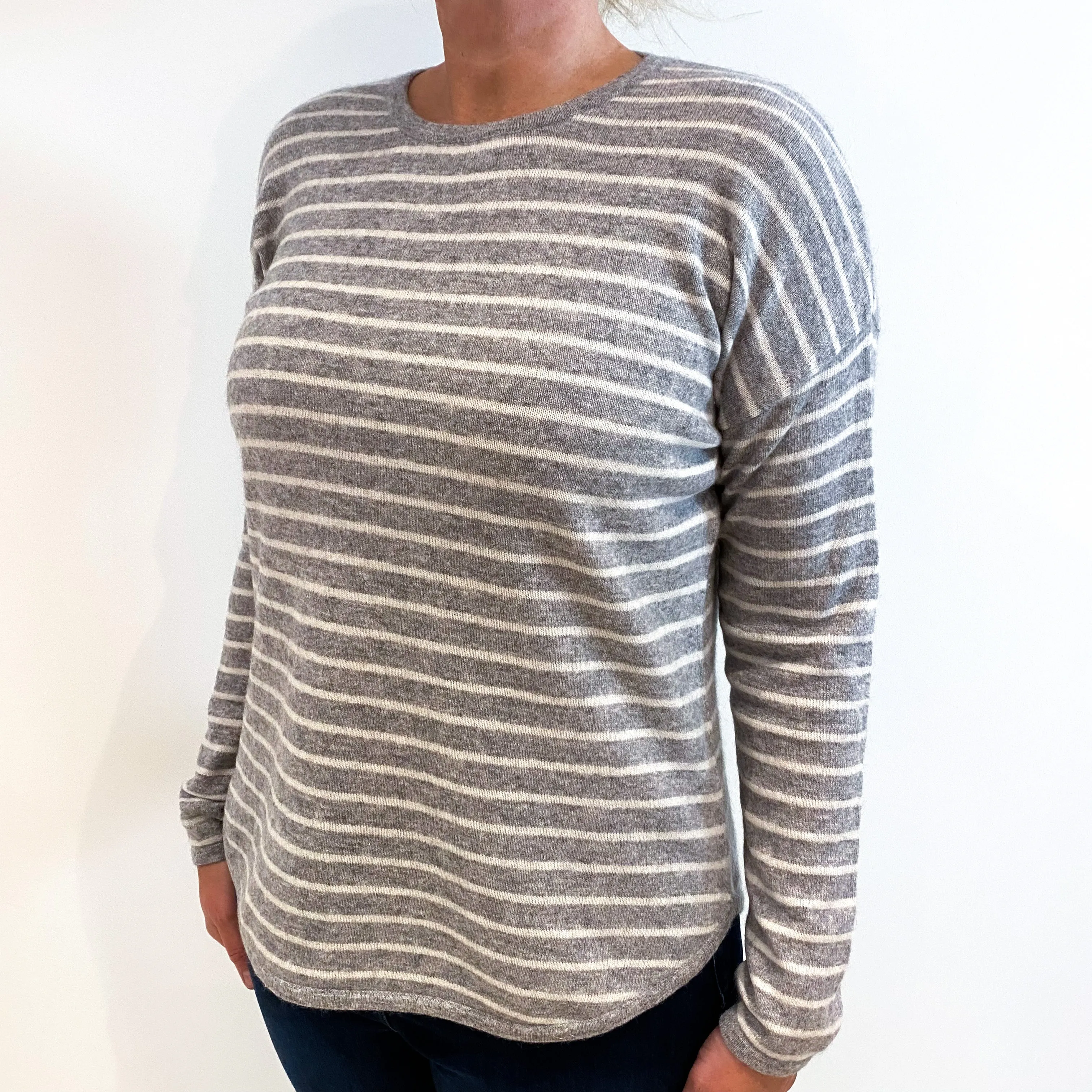 Grey Cream Striped Slouchy Cashmere Crew Neck Jumper Large