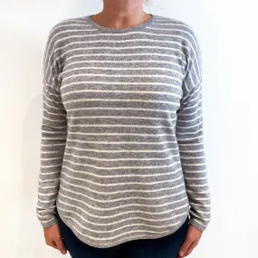 Grey Cream Striped Slouchy Cashmere Crew Neck Jumper Large