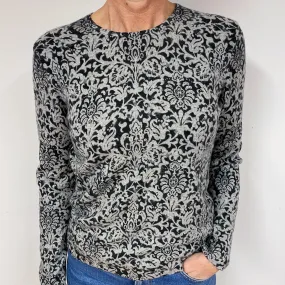 Grey Floral Cashmere Crew Neck Jumper Medium