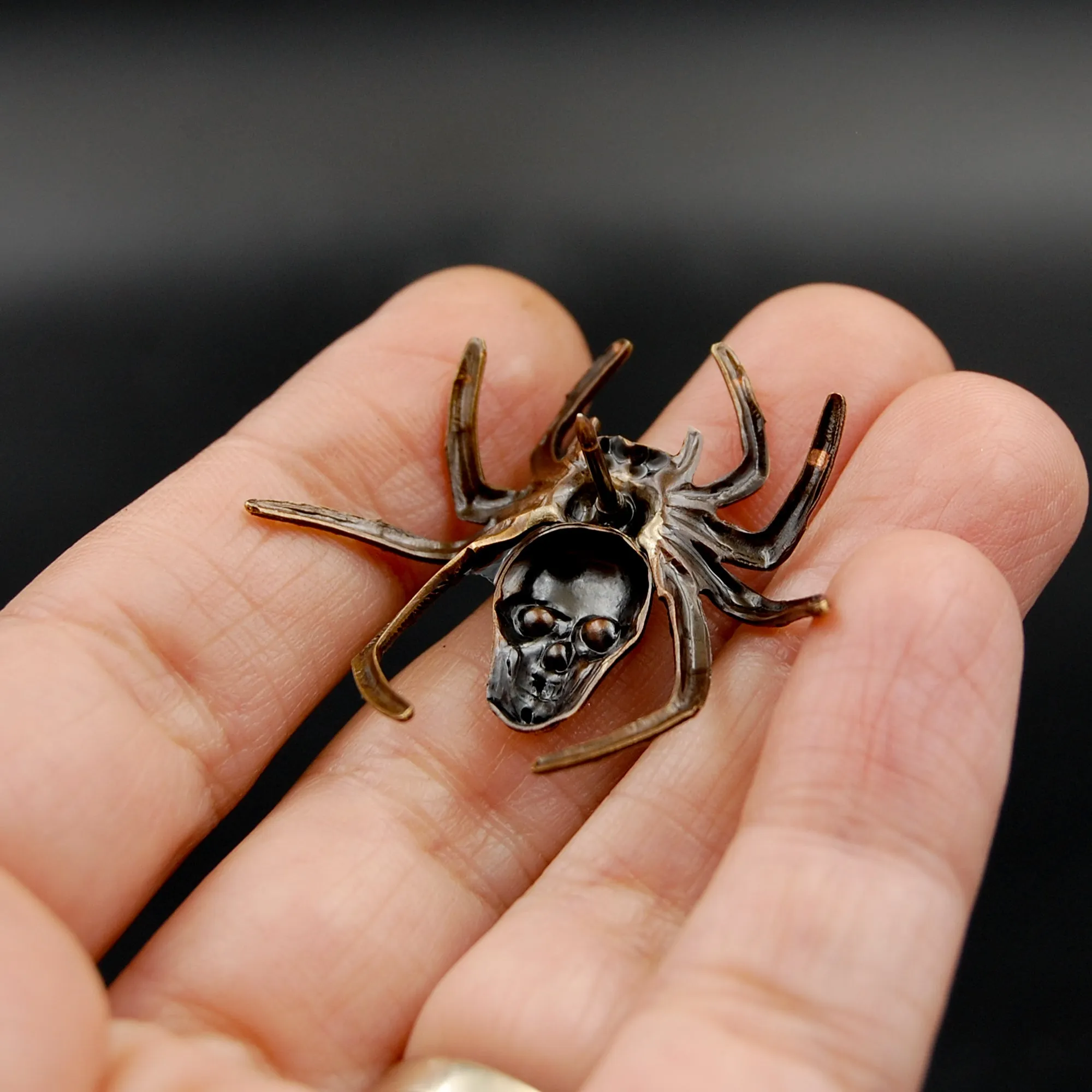 Handmade Spooky Spider Pin with Human Skull, Unique Brooch Perfect for Halloween Active