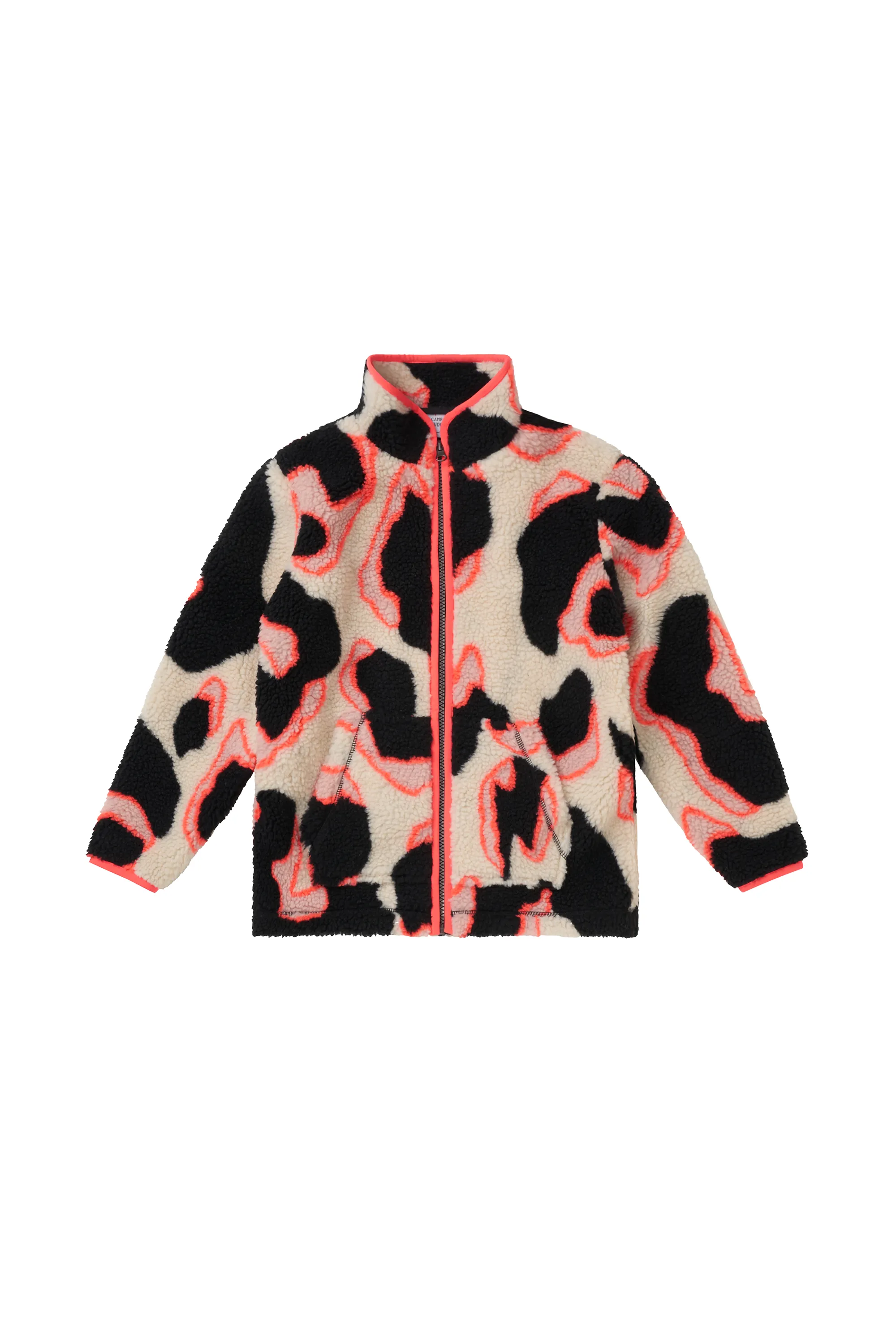 Kids Cream with Coral and Black Mega Shadow Leopard Button Through Fleece Jacket