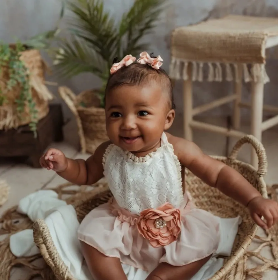 Lace Ruffle Romper with Floral Belt/Headband #1000470