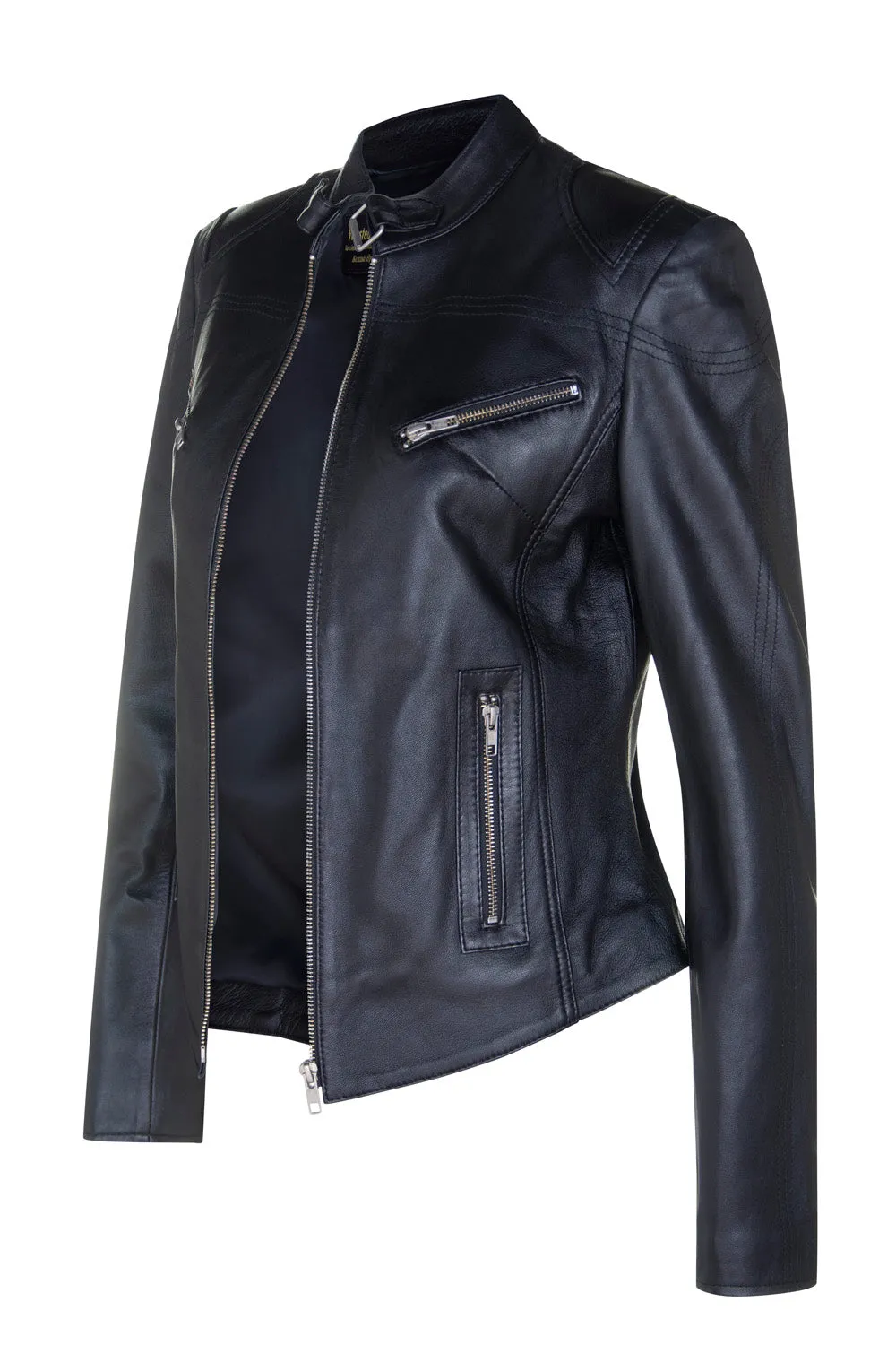 Ladies Vintage Style Biker Leather Jacket SR01 in Chestnut Brown or Black Lambskin