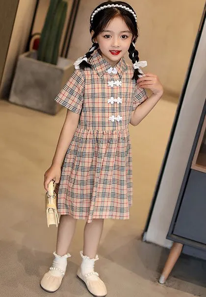 Lapel Collar Cheongsam Top Plaids & Checks Pattern Girl's Chinese Dress