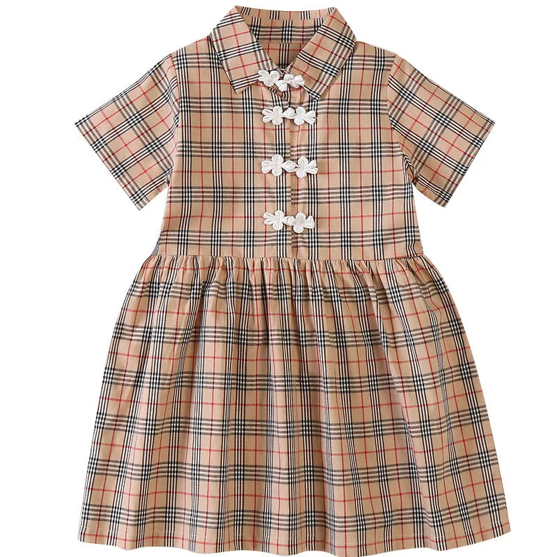 Lapel Collar Cheongsam Top Plaids & Checks Pattern Girl's Chinese Dress