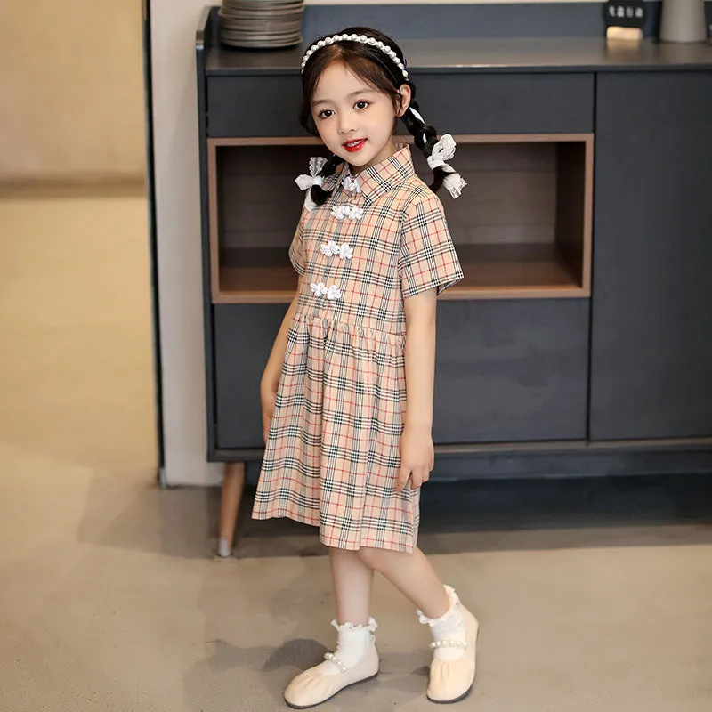 Lapel Collar Cheongsam Top Plaids & Checks Pattern Girl's Chinese Dress