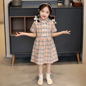 Lapel Collar Cheongsam Top Plaids & Checks Pattern Girl's Chinese Dress