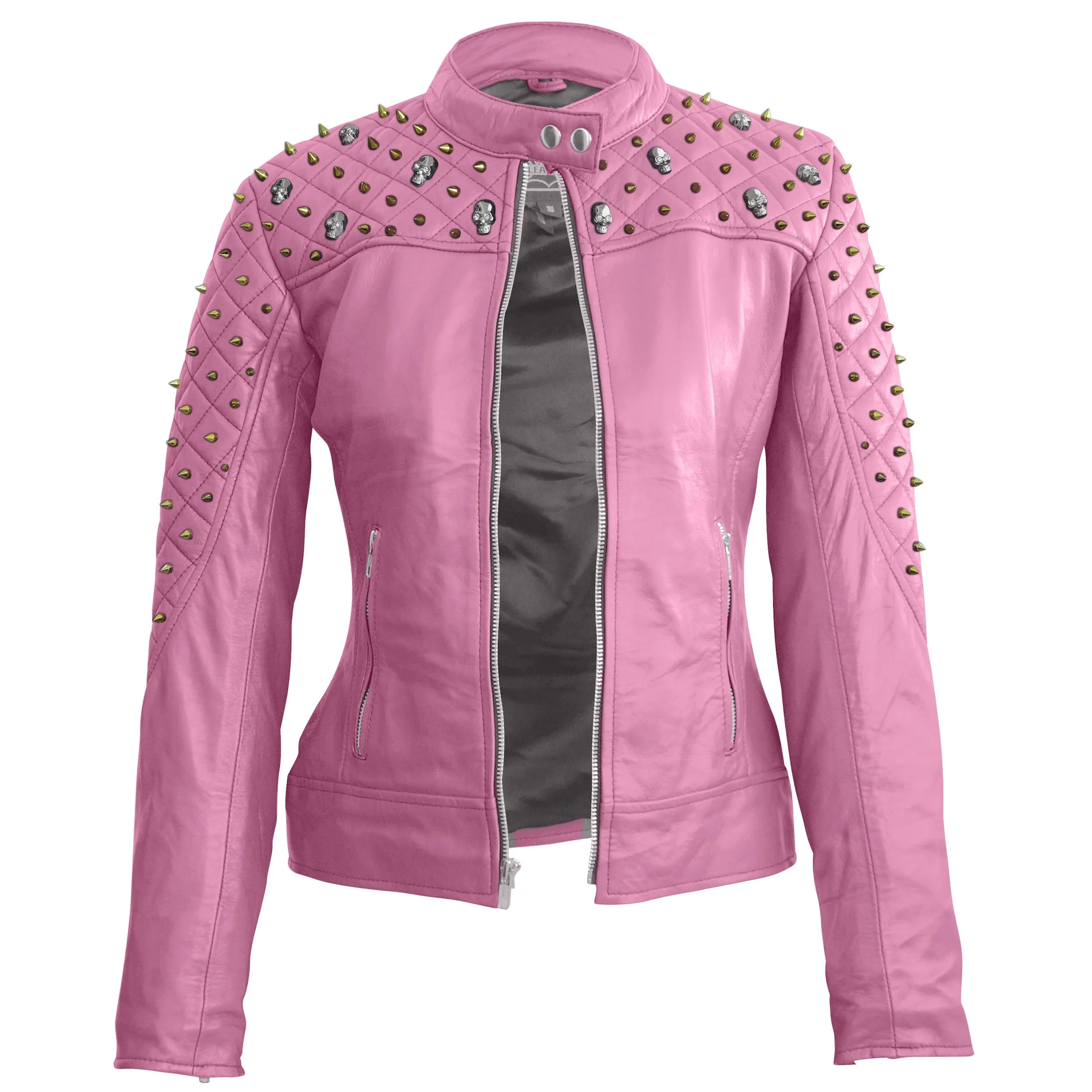 Leather Skin Women Pink Spike Skeleton Studs Genuine Leather Jacket