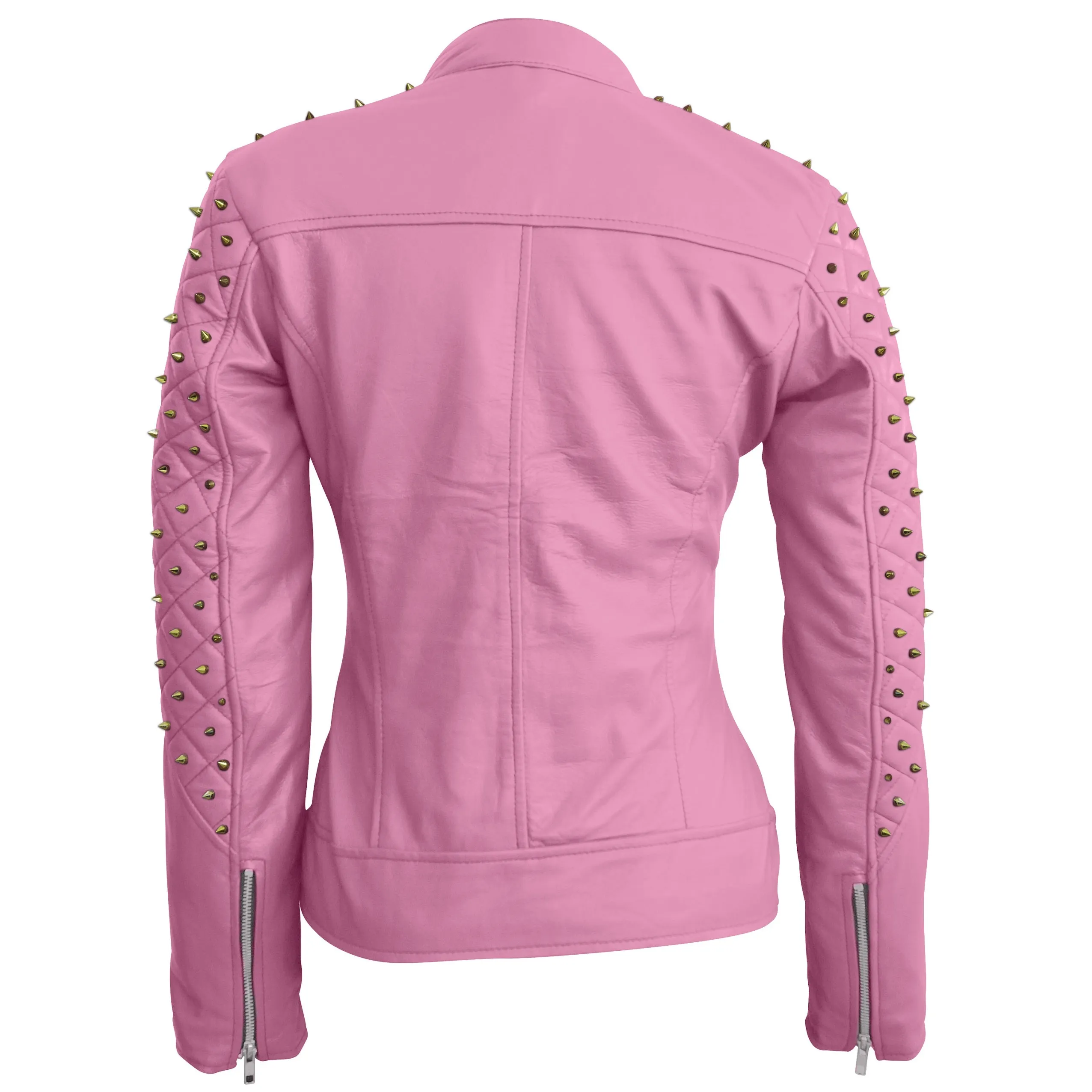 Leather Skin Women Pink Spike Skeleton Studs Genuine Leather Jacket