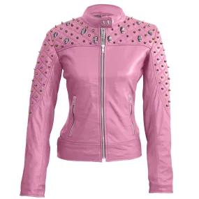 Leather Skin Women Pink Spike Skeleton Studs Genuine Leather Jacket