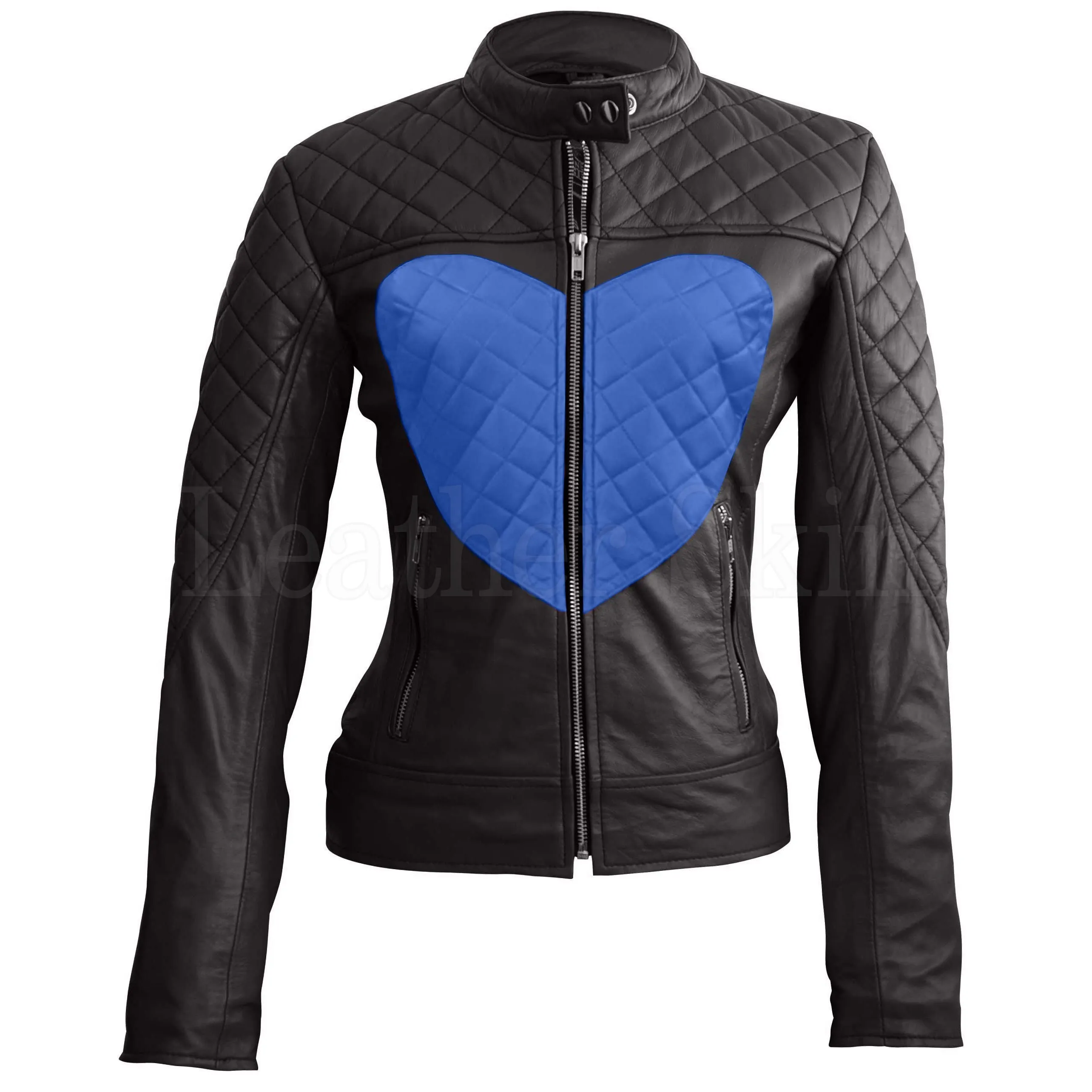 Leather Skin Women Shoulder Quilted Blue Love Heart Genuine Leather Jacket