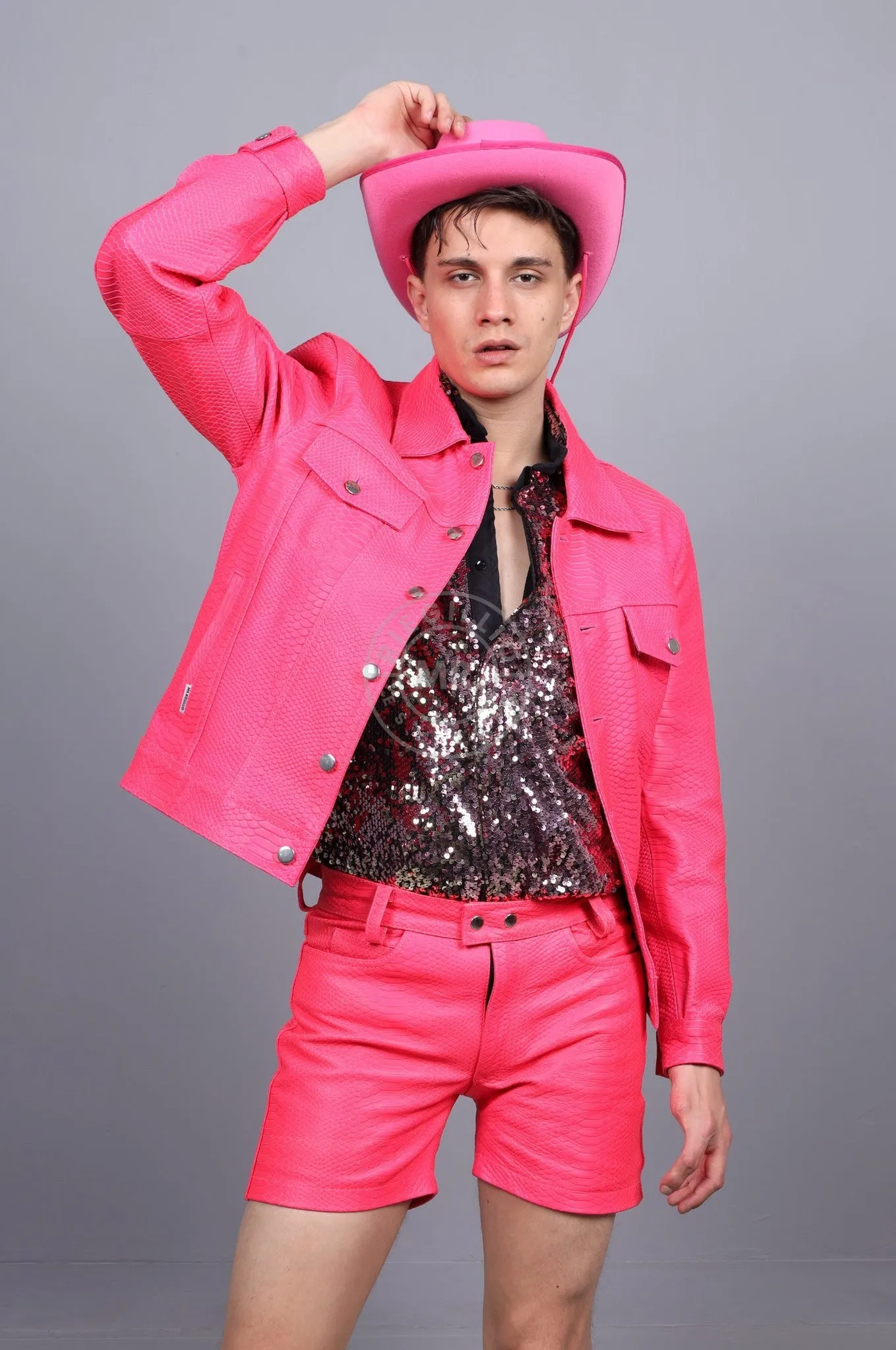 Leather Snake Trucker Jacket - Neon Pink