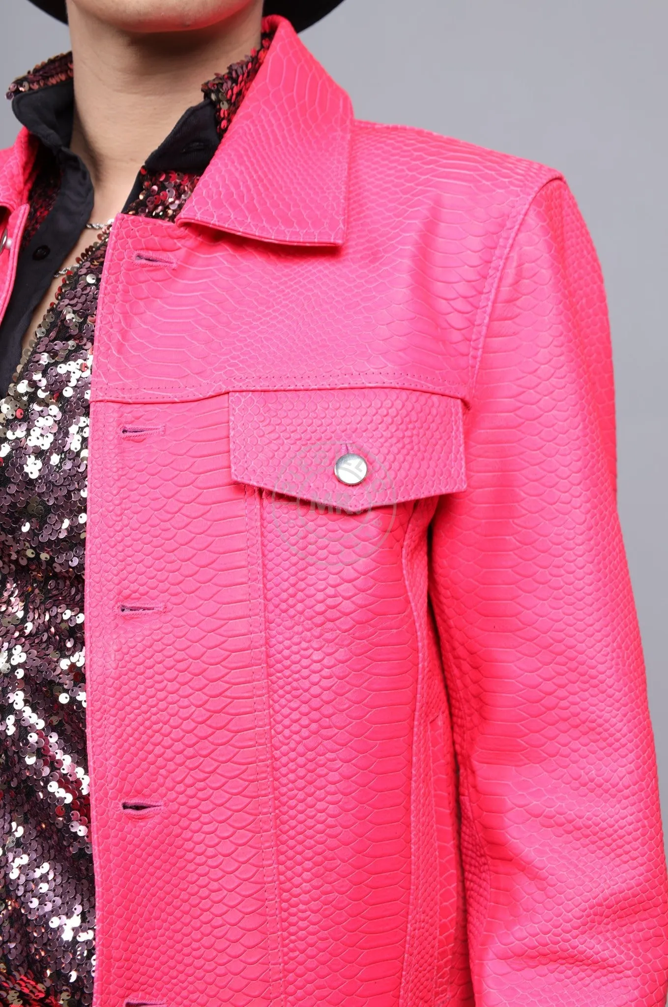 Leather Snake Trucker Jacket - Neon Pink