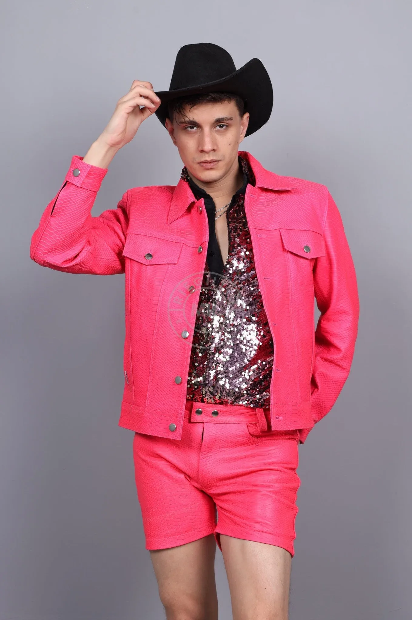 Leather Snake Trucker Jacket - Neon Pink