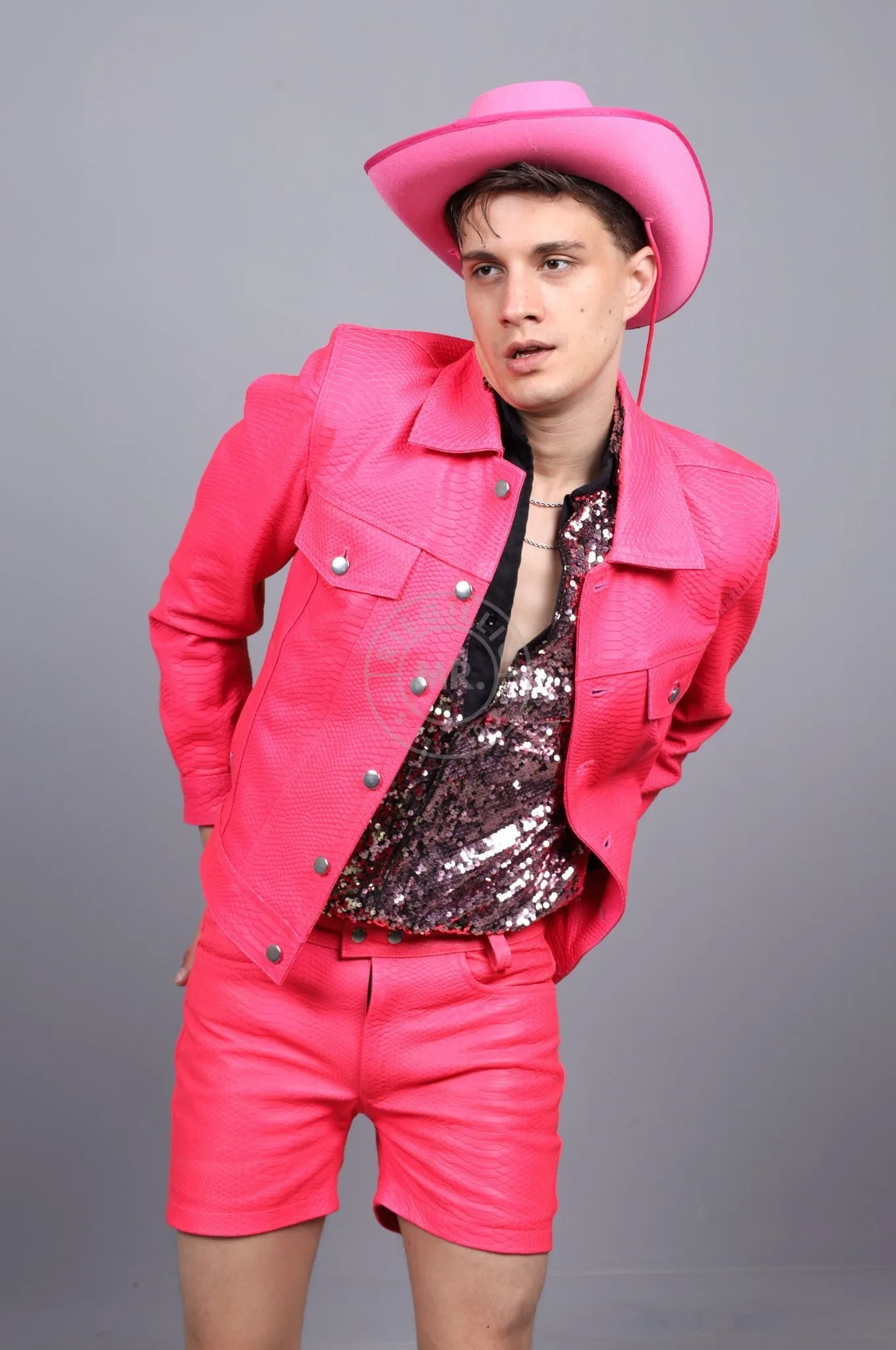 Leather Snake Trucker Jacket - Neon Pink