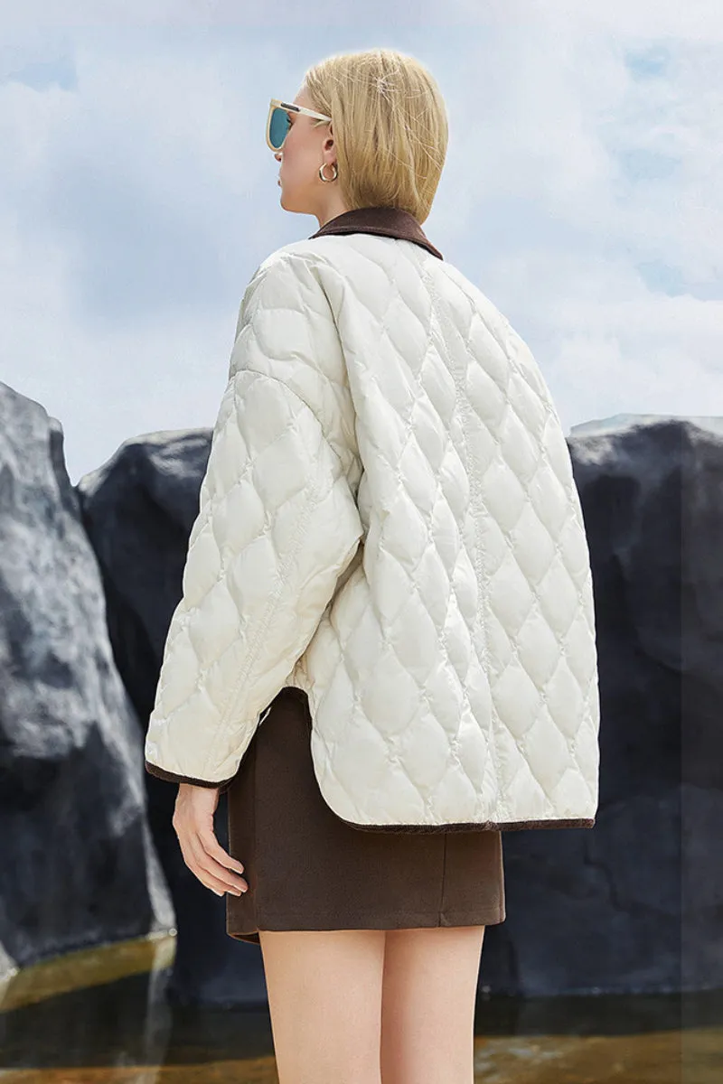 Lightweight Quilted Down Puffer Jacket with Corduroy Collar