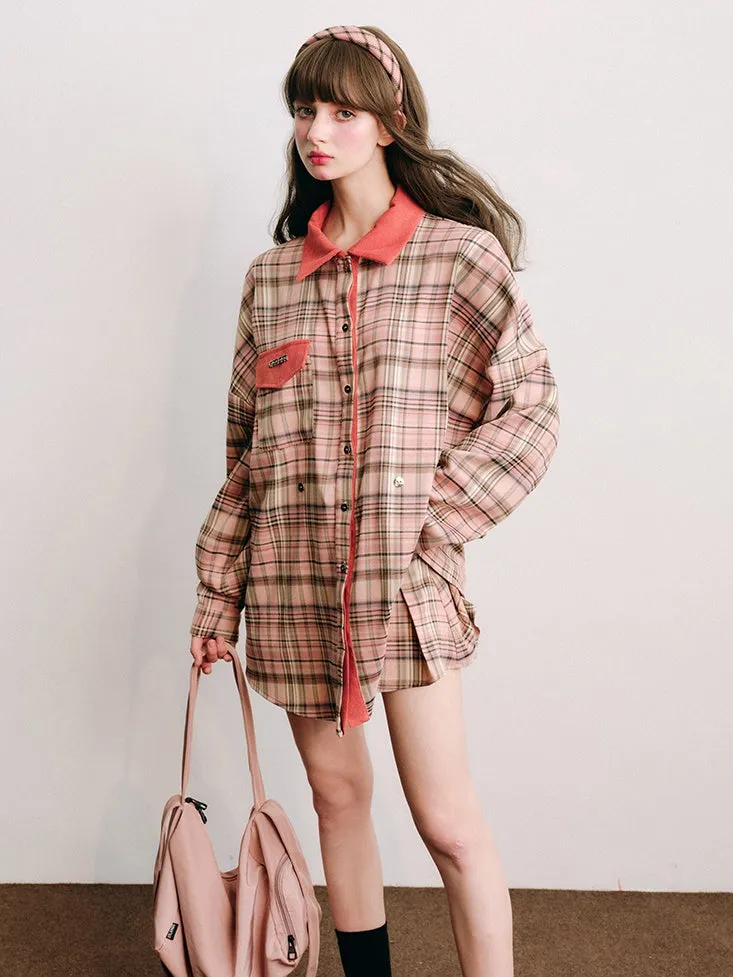 Loose Plaid Shirt & Pleated Skirt