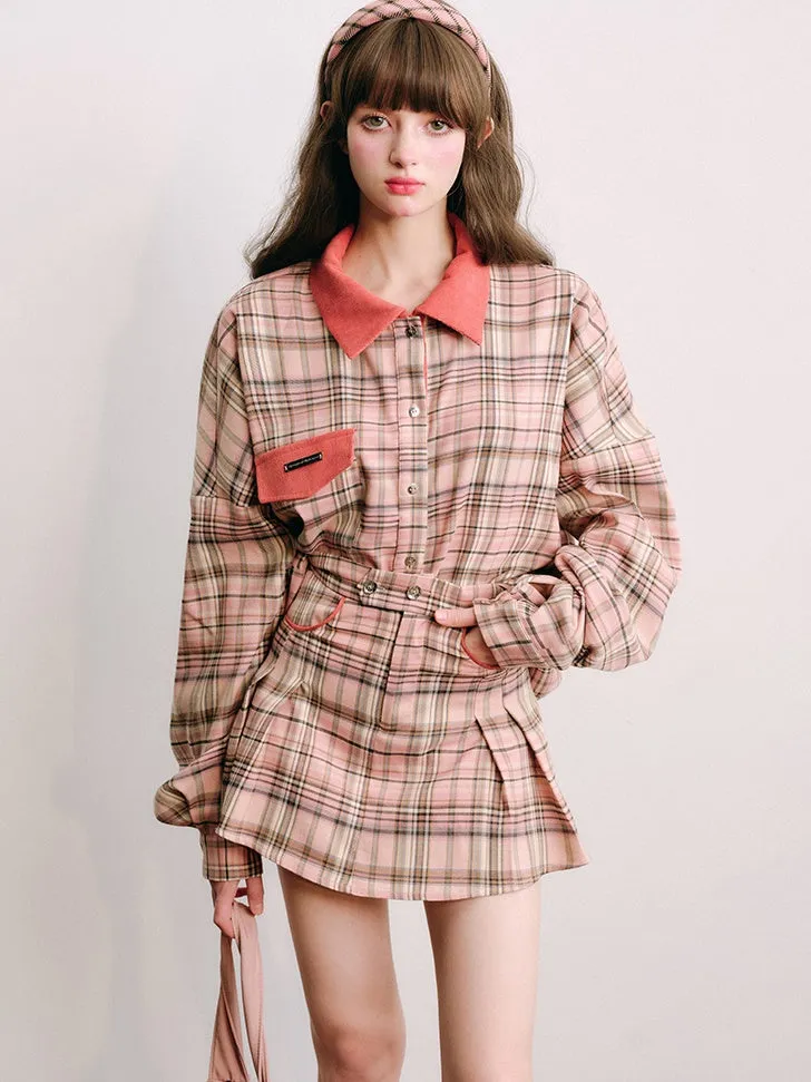 Loose Plaid Shirt & Pleated Skirt