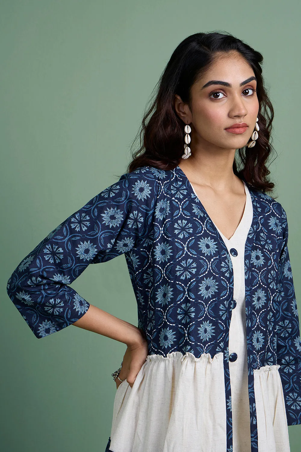 MASTANEY - Cotton Indigo Tiered Jacket With Ruffle Dress