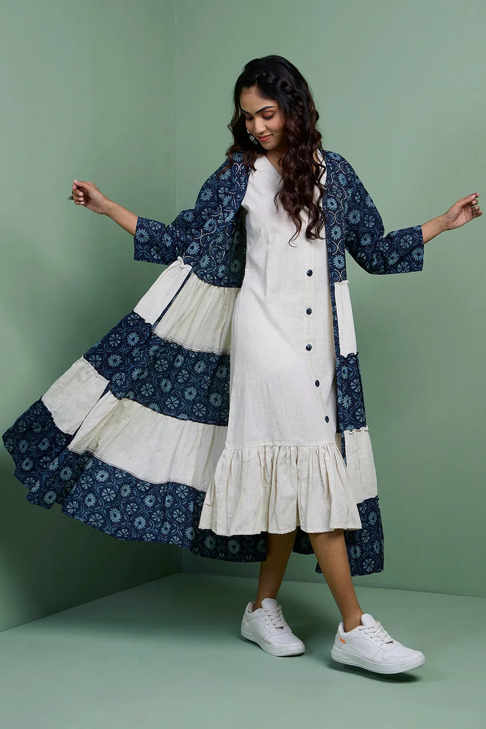 MASTANEY - Cotton Indigo Tiered Jacket With Ruffle Dress